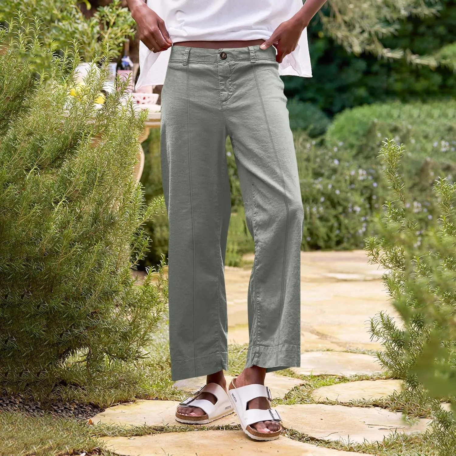 Wide Leg Linen Pants Women Cropped Elastic High Waisted Dress Pants Business Casual Comfy Work Pants with Pockets