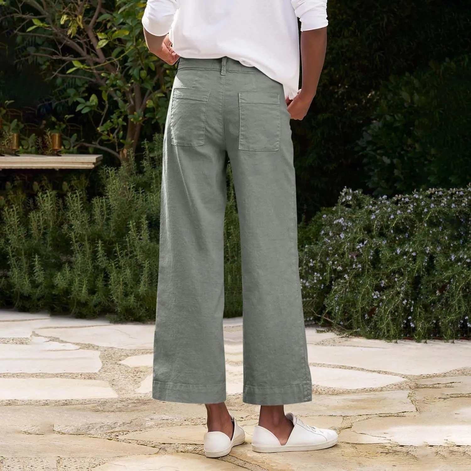 Wide Leg Linen Pants Women Cropped Elastic High Waisted Dress Pants Business Casual Comfy Work Pants with Pockets