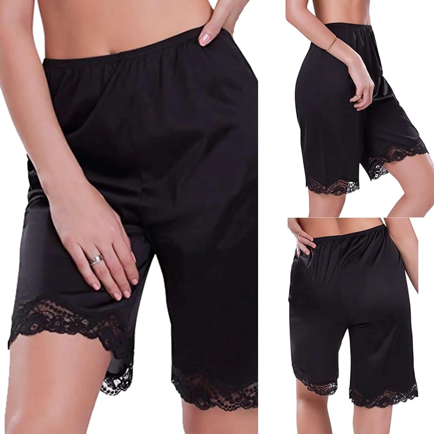 Women Culotte Half Slips Satin Bloomer Pettipants Under Dresses Lace Trim Pants Elastic Waist Liner Slip Shorts