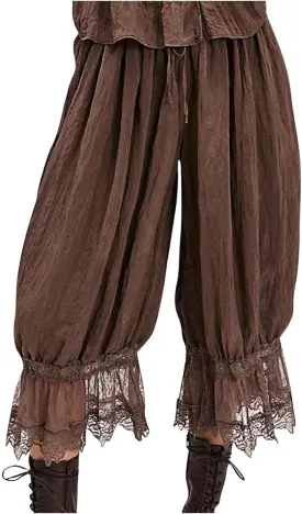 Women Lace Trim Long Bloomers Elastic Mid Rise Ruffle Victorian Pantaloons Cropped Pjs Slips Pants Pajama Bottoms