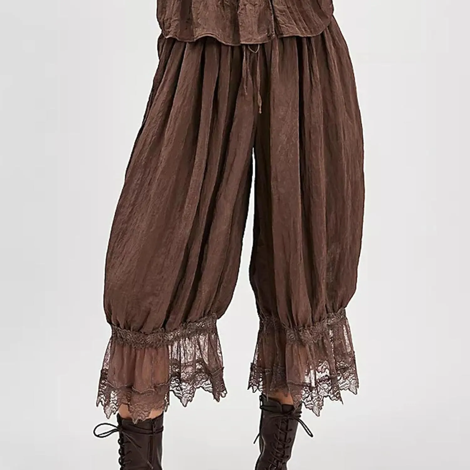 Women Lace Trim Long Bloomers Elastic Mid Rise Ruffle Victorian Pantaloons Cropped Pjs Slips Pants Pajama Bottoms