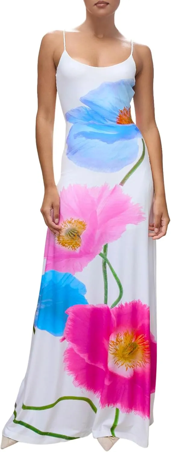 Women Sexy Backless Satin Maxi Dresses Spaghetti Strap Floral Print Dresses Slim Fit Elegant Night Party Outfits