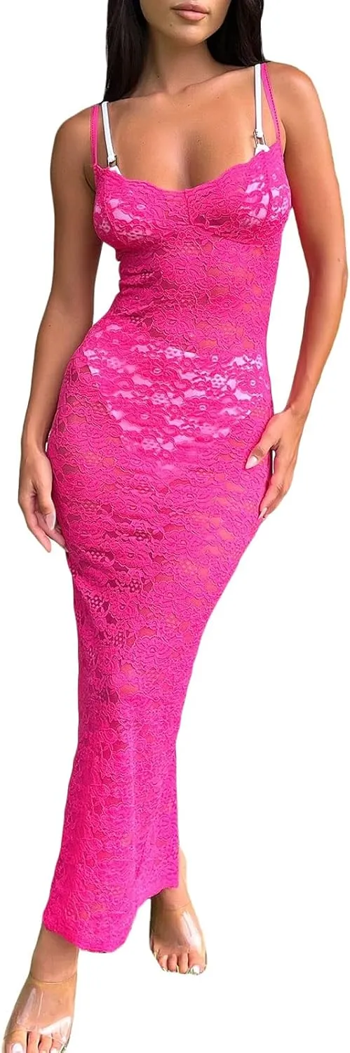 Women Sexy Lace Floral Fitted Dress Sleeveless Spaghetti Strap See Through Maxi Dress Cocktail Evening Party Dress