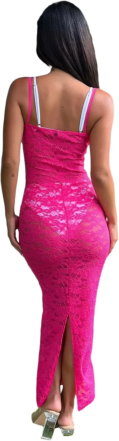 Women Sexy Lace Floral Fitted Dress Sleeveless Spaghetti Strap See Through Maxi Dress Cocktail Evening Party Dress