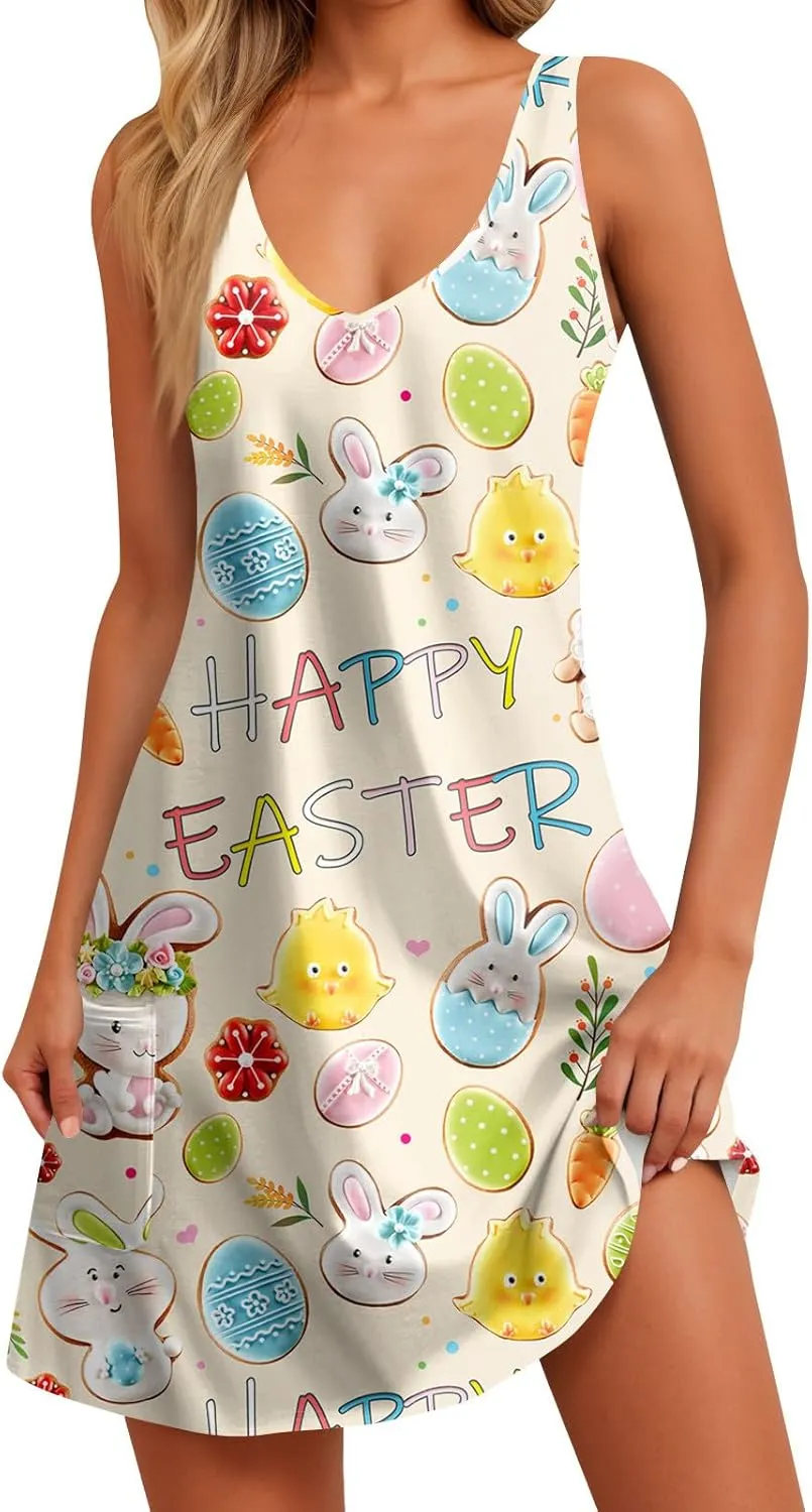 Women Summer Dresses V Neck 2025 Swimsuit Coverup Beach Printed Dress with Pocket Casual Vacation Sundress