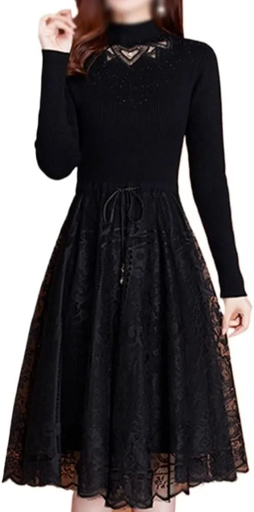Women Sweater Dress Half Turtleneck Pullover Lace Midi Dress Ladies Knit Sweater Dress Women Clothing