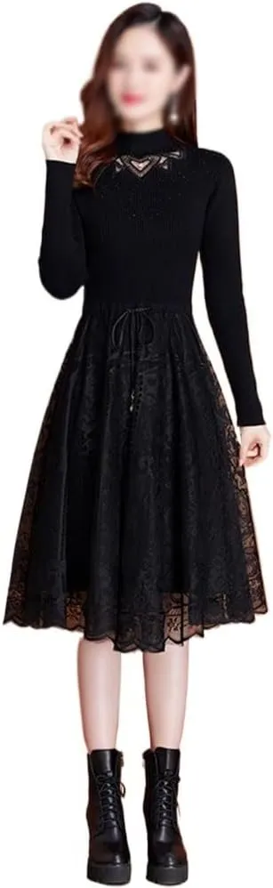 Women Sweater Dress Half Turtleneck Pullover Lace Midi Dress Ladies Knit Sweater Dress Women Clothing