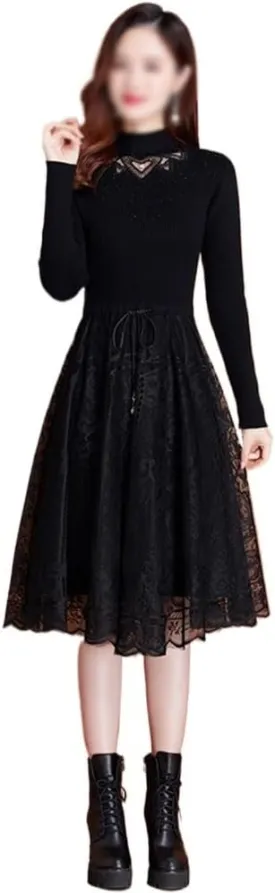Women Sweater Dress Half Turtleneck Pullover Lace Midi Dress Ladies Knit Sweater Dress Women Clothing