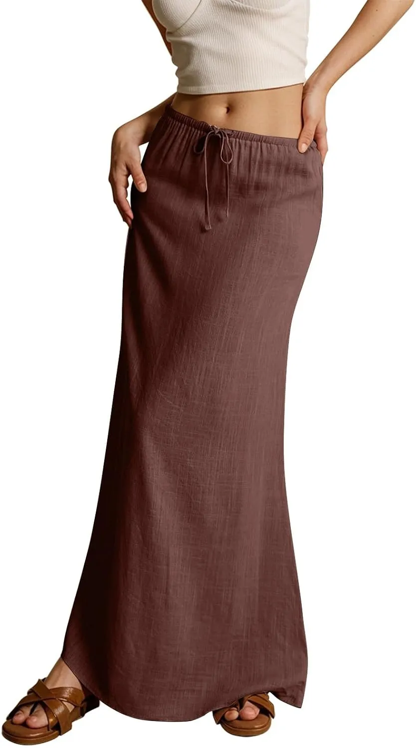 Women's Boho Skirts Linen Flared Maxi Skirt with Back Slit-Elastic Waist Drawstring Long Flowy Skirt, S-2XL