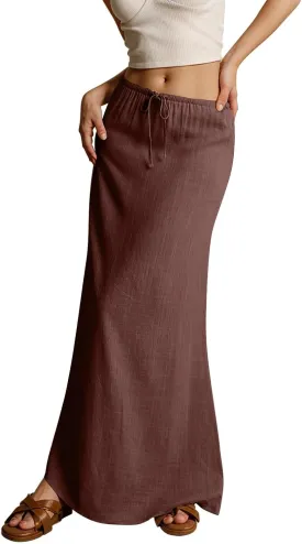 Women's Boho Skirts Linen Flared Maxi Skirt with Back Slit-Elastic Waist Drawstring Long Flowy Skirt, S-2XL