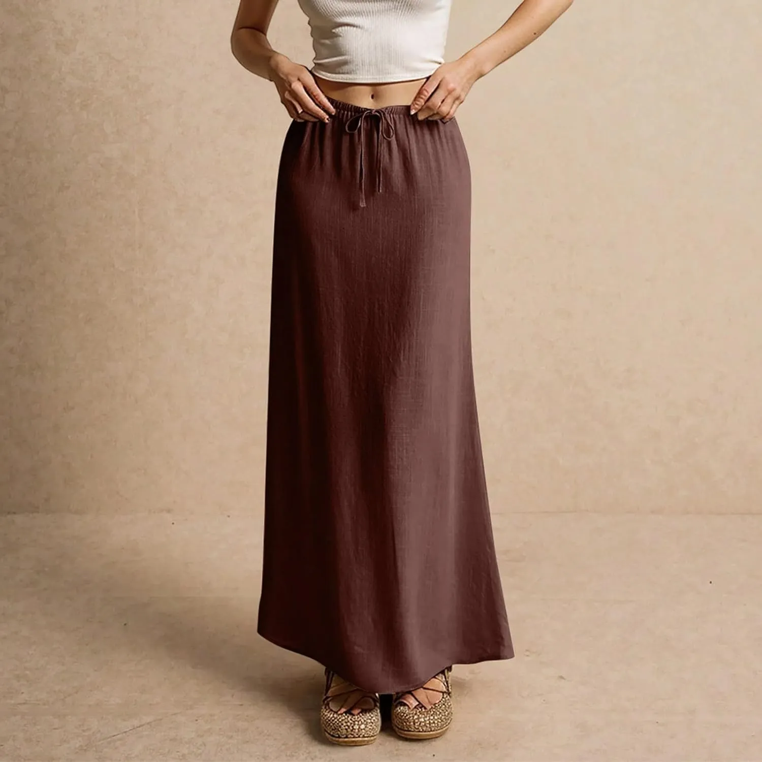 Women's Boho Skirts Linen Flared Maxi Skirt with Back Slit-Elastic Waist Drawstring Long Flowy Skirt, S-2XL