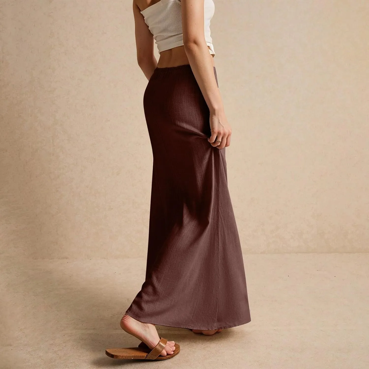 Women's Boho Skirts Linen Flared Maxi Skirt with Back Slit-Elastic Waist Drawstring Long Flowy Skirt, S-2XL