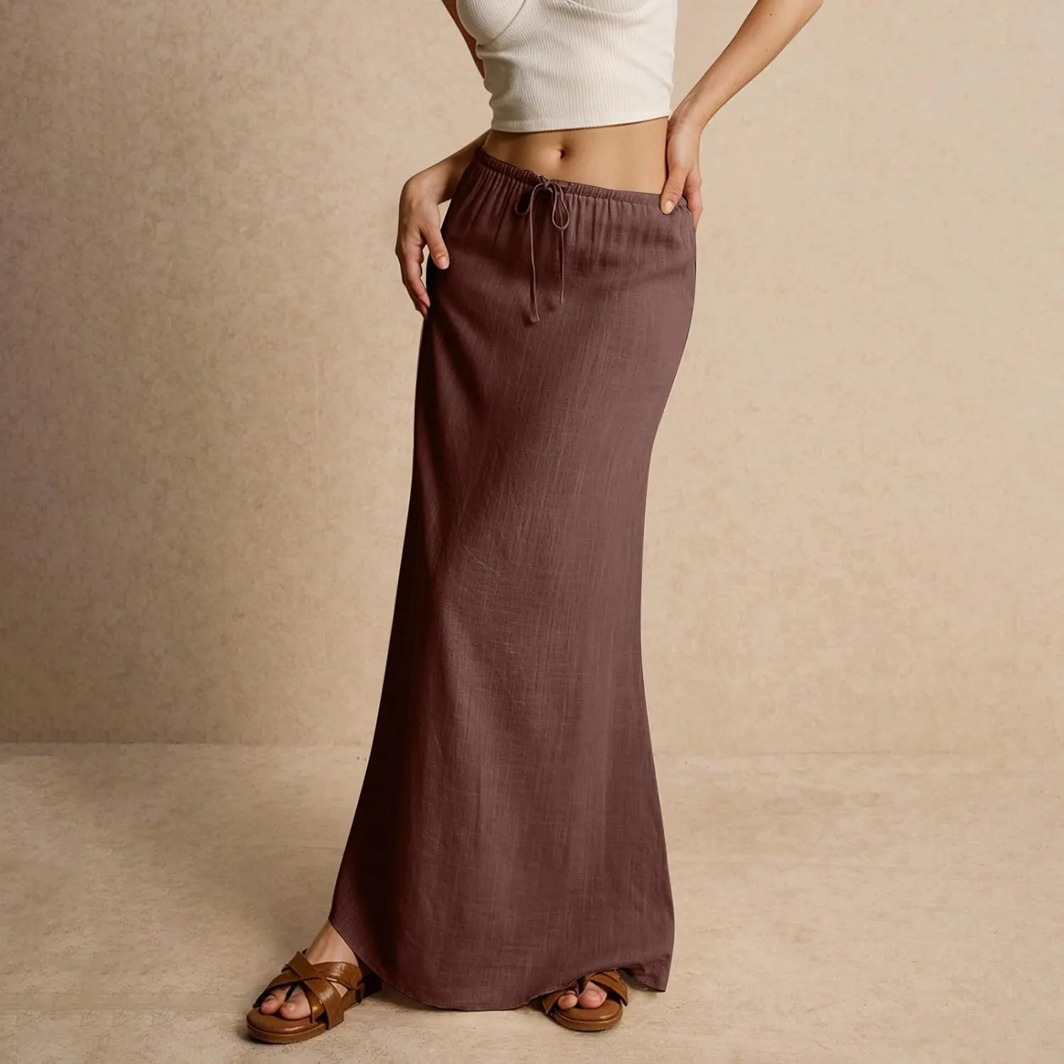Women's Boho Skirts Linen Flared Maxi Skirt with Back Slit-Elastic Waist Drawstring Long Flowy Skirt, S-2XL