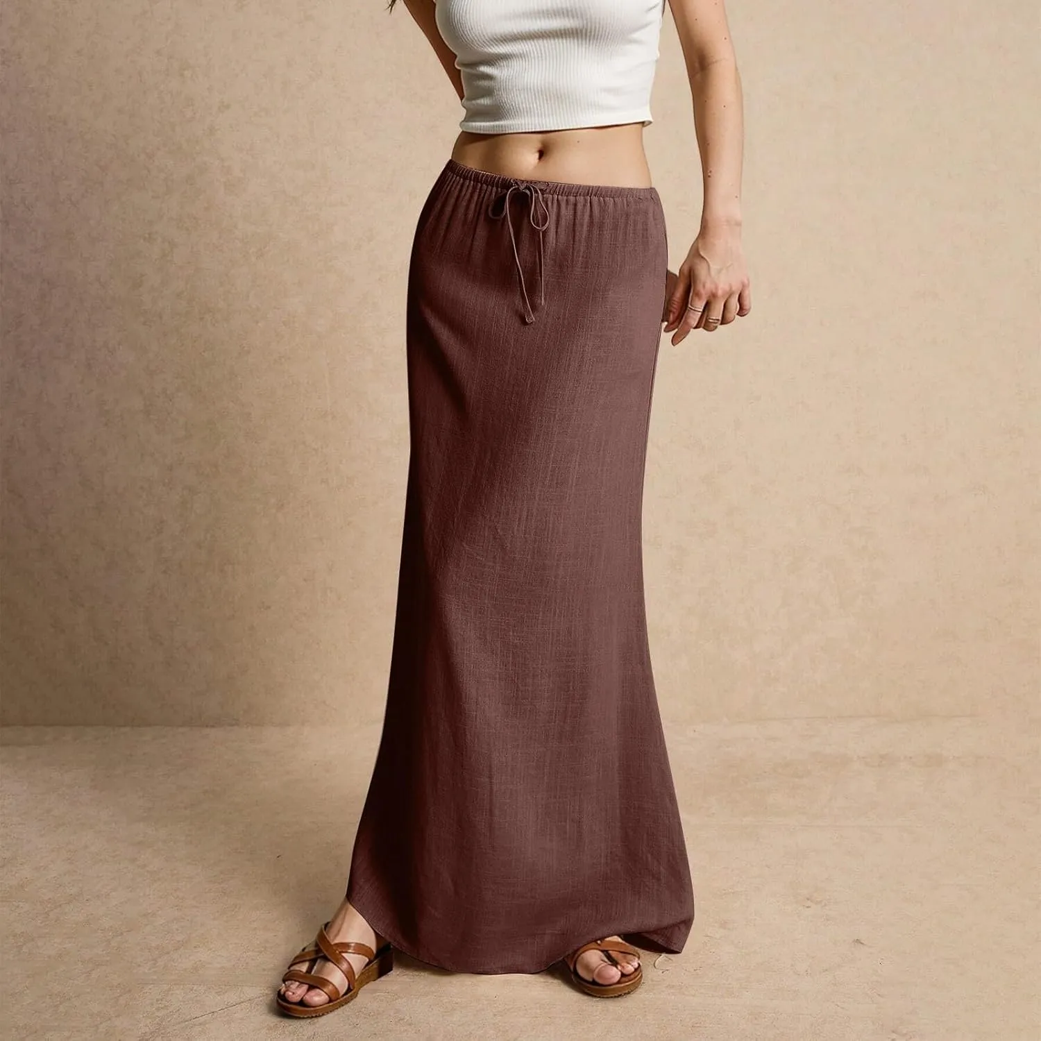 Women's Boho Skirts Linen Flared Maxi Skirt with Back Slit-Elastic Waist Drawstring Long Flowy Skirt, S-2XL