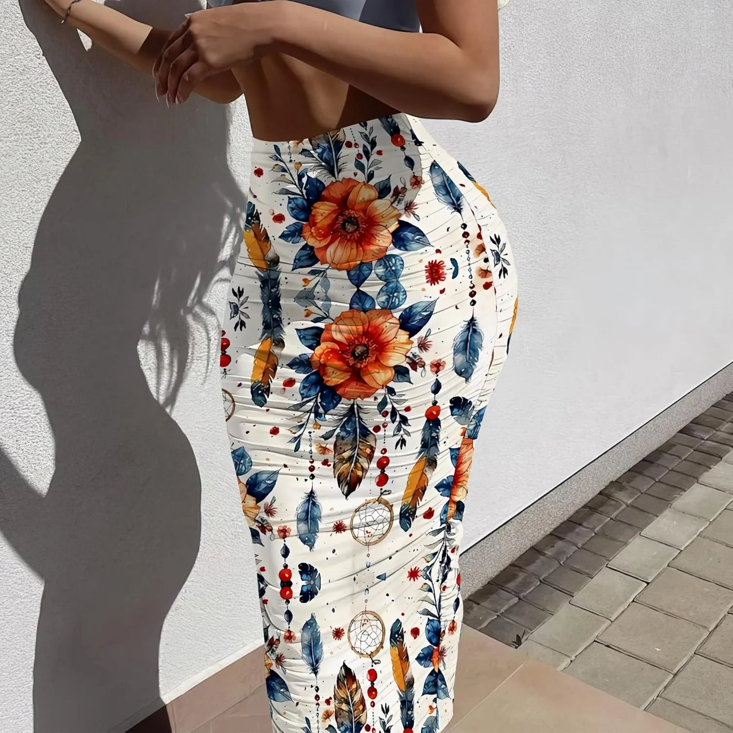 Women's Casual Floral Ruched High Waist Party Club Pencil Bodycon Suit Skirt Elegant Stretchy Below Knee Work Skirt Dress
