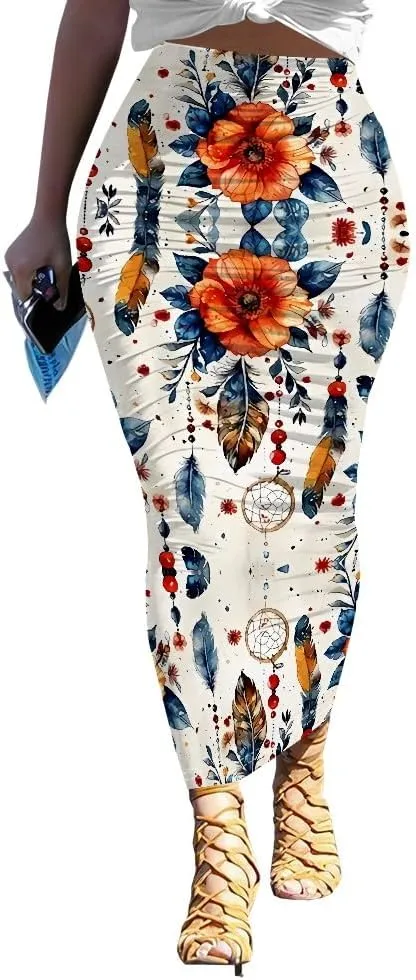 Women's Casual Floral Ruched High Waist Party Club Pencil Bodycon Suit Skirt Elegant Stretchy Below Knee Work Skirt Dress