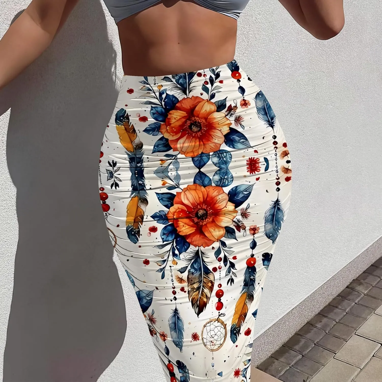 Women's Casual Floral Ruched High Waist Party Club Pencil Bodycon Suit Skirt Elegant Stretchy Below Knee Work Skirt Dress
