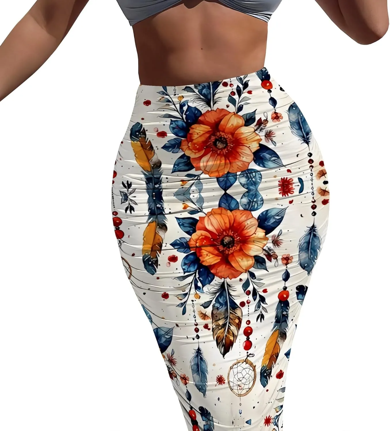 Women's Casual Floral Ruched High Waist Party Club Pencil Bodycon Suit Skirt Elegant Stretchy Below Knee Work Skirt Dress