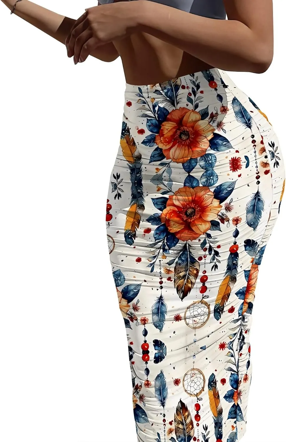 Women's Casual Floral Ruched High Waist Party Club Pencil Bodycon Suit Skirt Elegant Stretchy Below Knee Work Skirt Dress