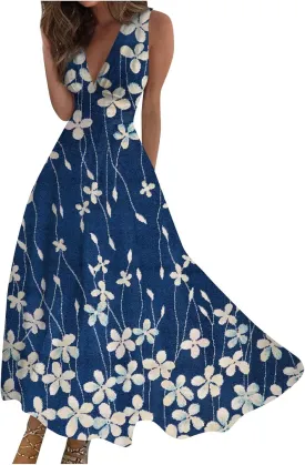 Womens Dresses Flowy Ruched Floral Print Sundresses Wrap V Neck Sleeveless Maxi Dress Elegant Beach Dresses