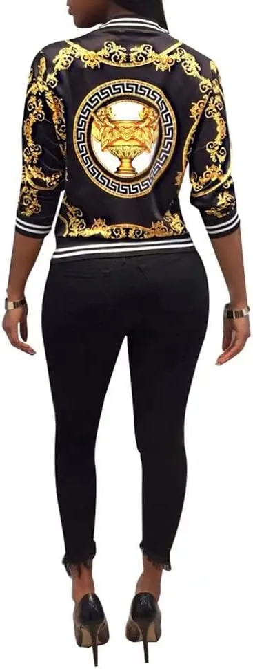 Womens Fashion Vintage Gold Chain Print Short Bomber Jacket Coat