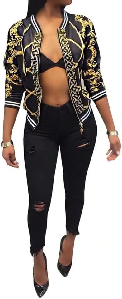 Womens Fashion Vintage Gold Chain Print Short Bomber Jacket Coat