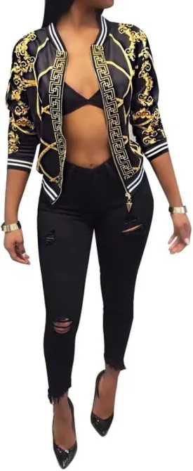 Womens Fashion Vintage Gold Chain Print Short Bomber Jacket Coat