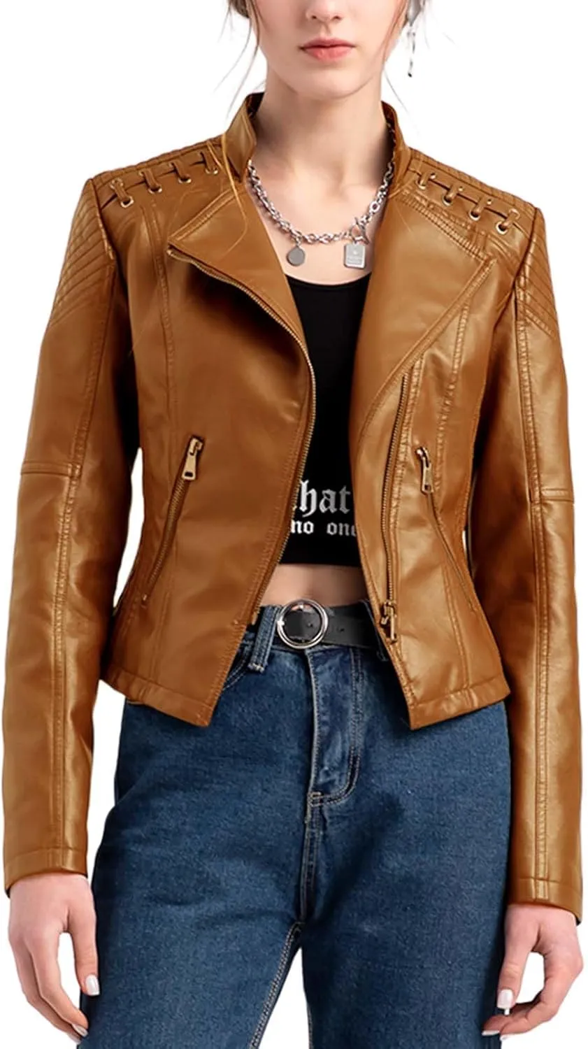 Women's Faux Leather Jacket Varsity Moto Biker Bomber Jackets Casual Lightweight Outerwear Short Coats