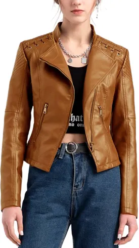Women's Faux Leather Jacket Varsity Moto Biker Bomber Jackets Casual Lightweight Outerwear Short Coats