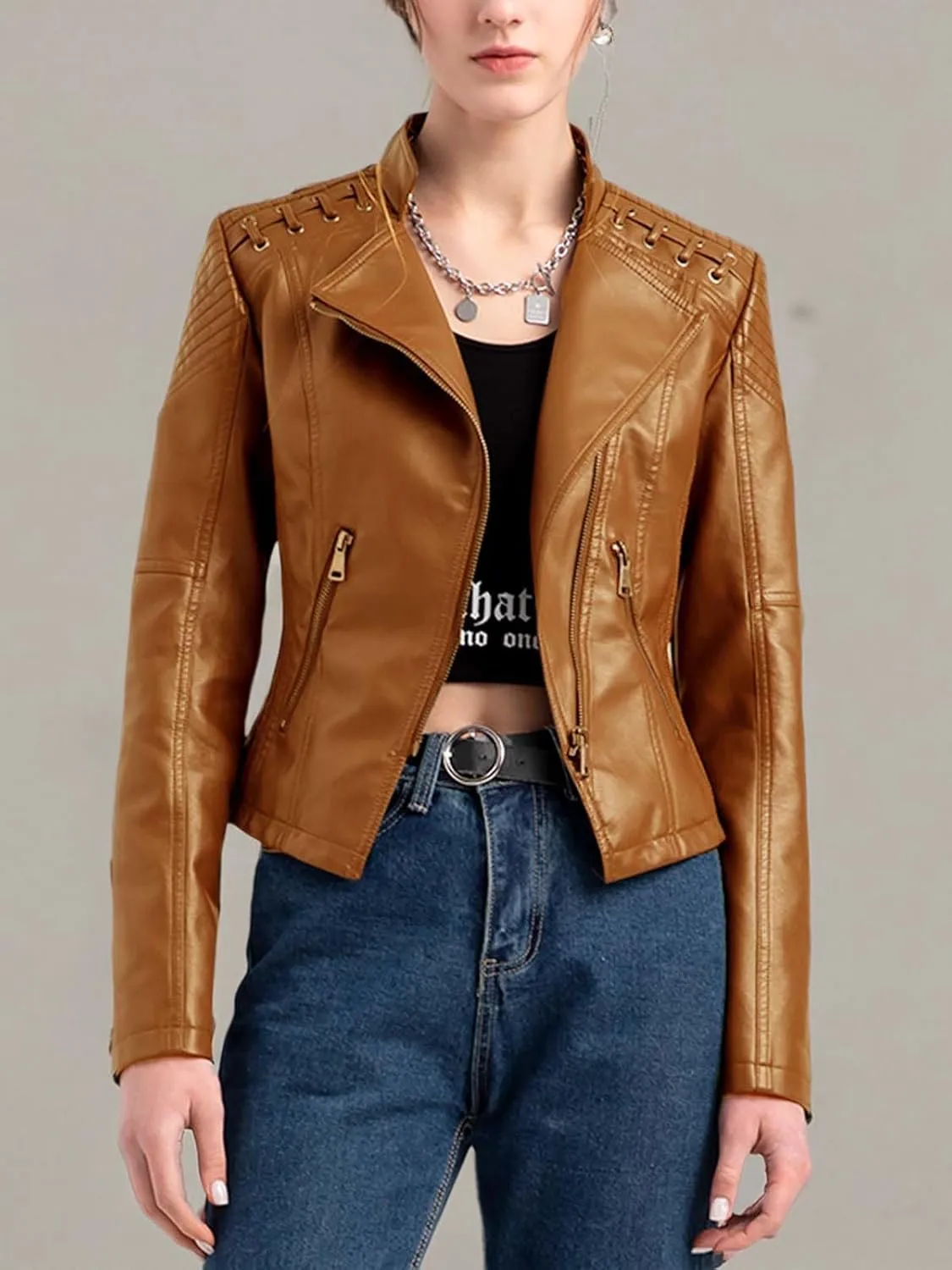 Women's Faux Leather Jacket Varsity Moto Biker Bomber Jackets Casual Lightweight Outerwear Short Coats