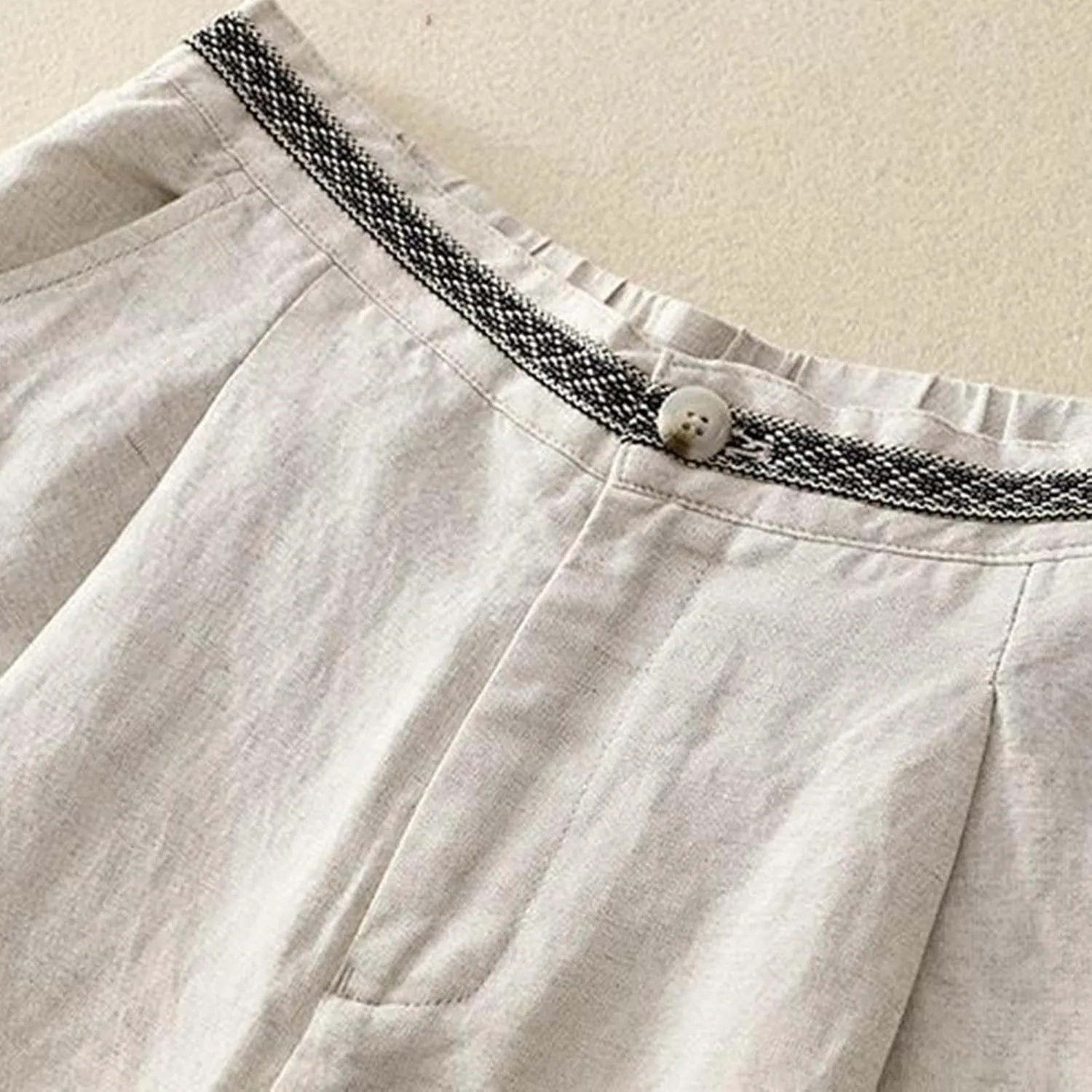 Women's Linen Cropped Wide Leg Pants Casual Waistband lace Palazzo Lightweight Beach Trousers Outfits with Pockets