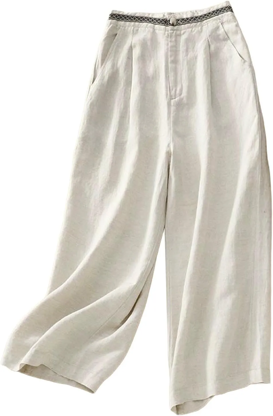 Women's Linen Cropped Wide Leg Pants Casual Waistband lace Palazzo Lightweight Beach Trousers Outfits with Pockets