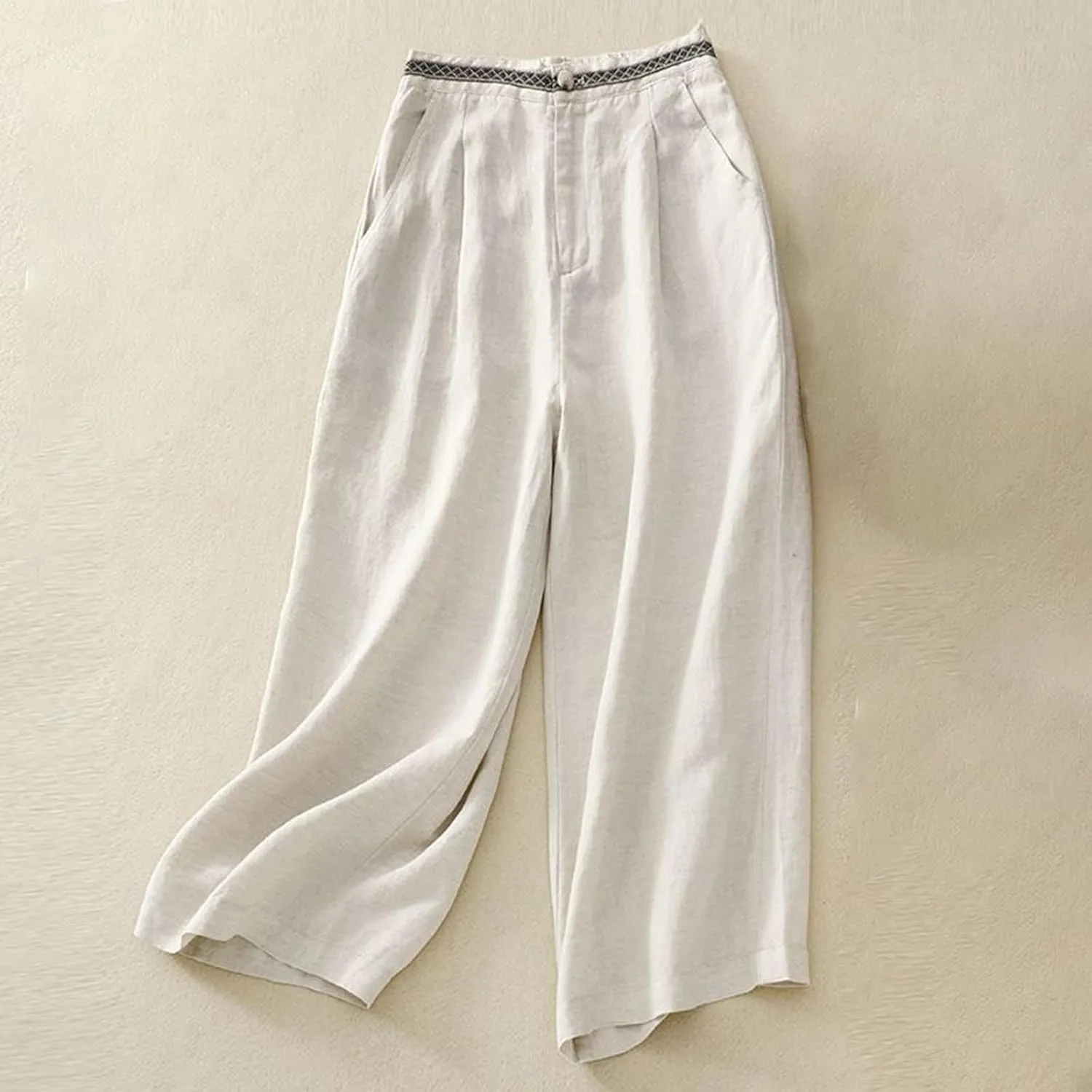 Women's Linen Cropped Wide Leg Pants Casual Waistband lace Palazzo Lightweight Beach Trousers Outfits with Pockets