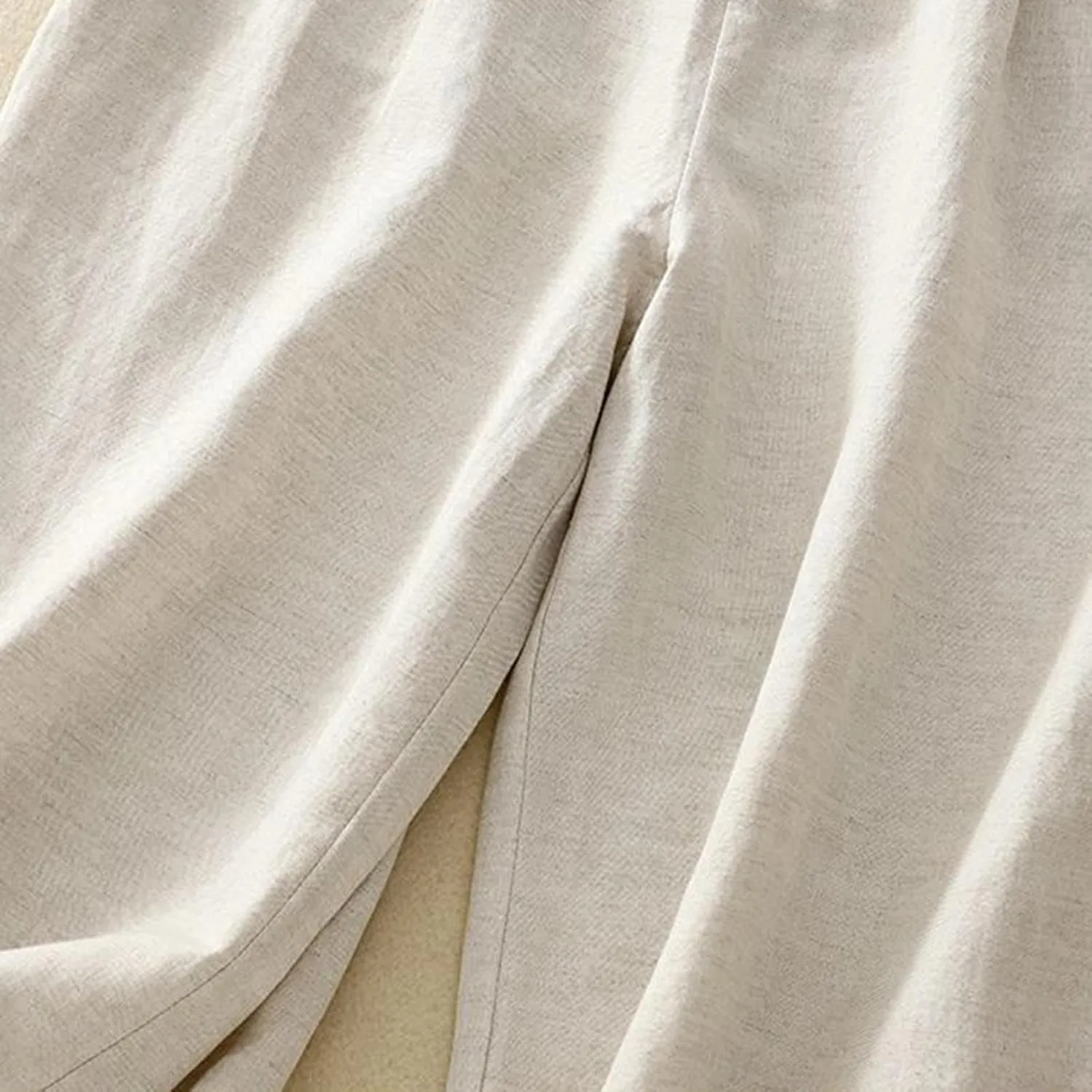 Women's Linen Cropped Wide Leg Pants Casual Waistband lace Palazzo Lightweight Beach Trousers Outfits with Pockets