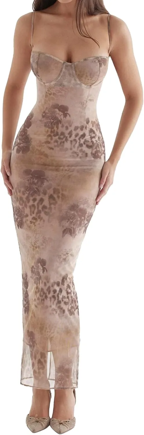 Womens Sexy V Neck Satin Maxi Dresses Spaghetti Strap Floral Print Dresses Slim Fit Elegant Long Dresses Night Party Outfits