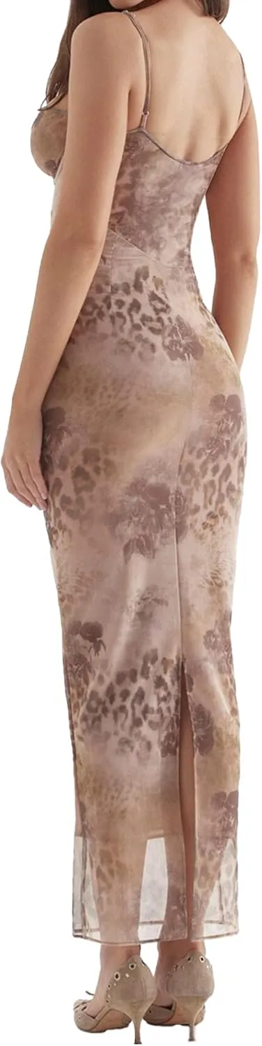 Womens Sexy V Neck Satin Maxi Dresses Spaghetti Strap Floral Print Dresses Slim Fit Elegant Long Dresses Night Party Outfits