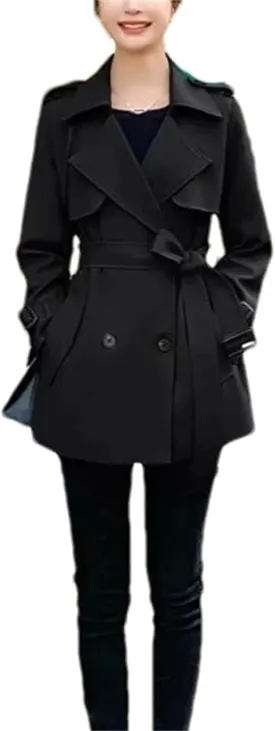 Women's Short Trench Coat  Spring Windbreaker With Belt Lace-Up Jacket Casual Outerwear For Work Office
