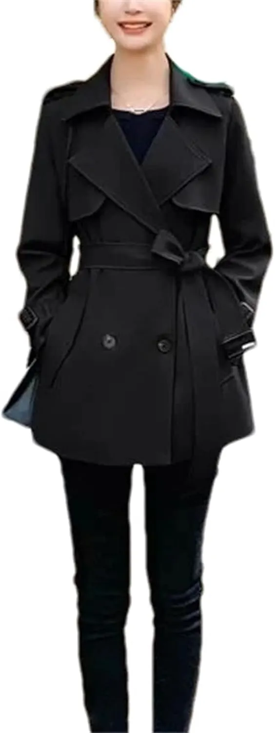 Women's Short Trench Coat  Spring Windbreaker With Belt Lace-Up Jacket Casual Outerwear For Work Office