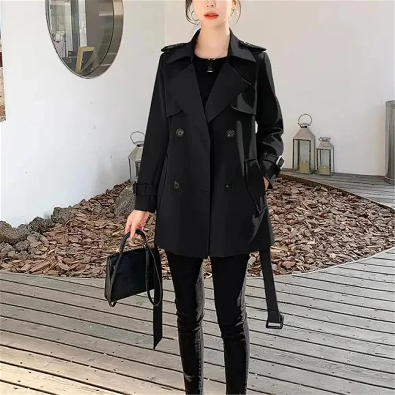 Women's Short Trench Coat  Spring Windbreaker With Belt Lace-Up Jacket Casual Outerwear For Work Office