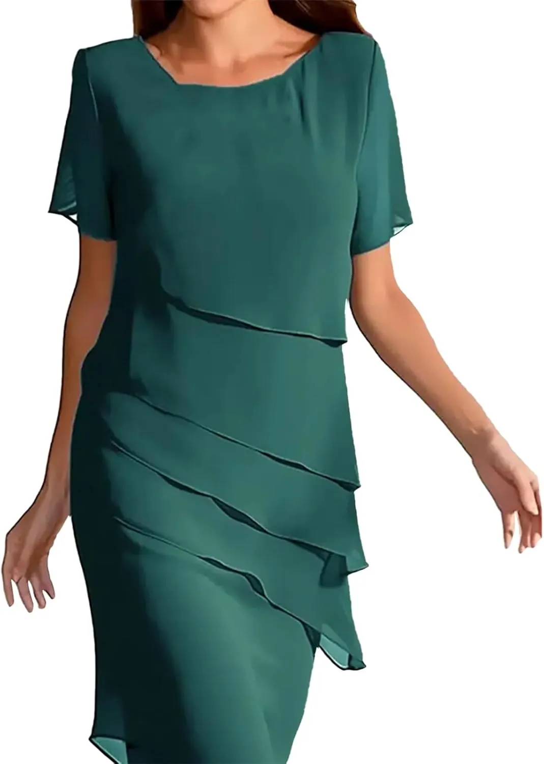 Women's Summer Dresses with Chiffon Round Neck Short Sleeved Solid Maxi Slim Fit Patchwork Casual Fashion Dress 2025