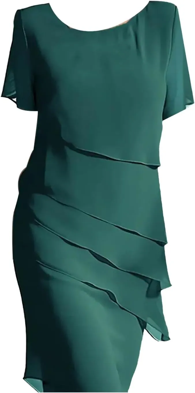 Women's Summer Dresses with Chiffon Round Neck Short Sleeved Solid Maxi Slim Fit Patchwork Casual Fashion Dress 2025