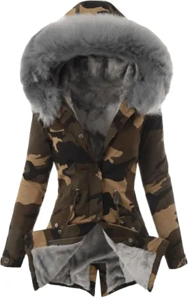 Women's Thick Fleece Lined Parka Faux Fur Collar Camouflage Solid Winter Coats Hooded Jackets Military Anorak Pockets
