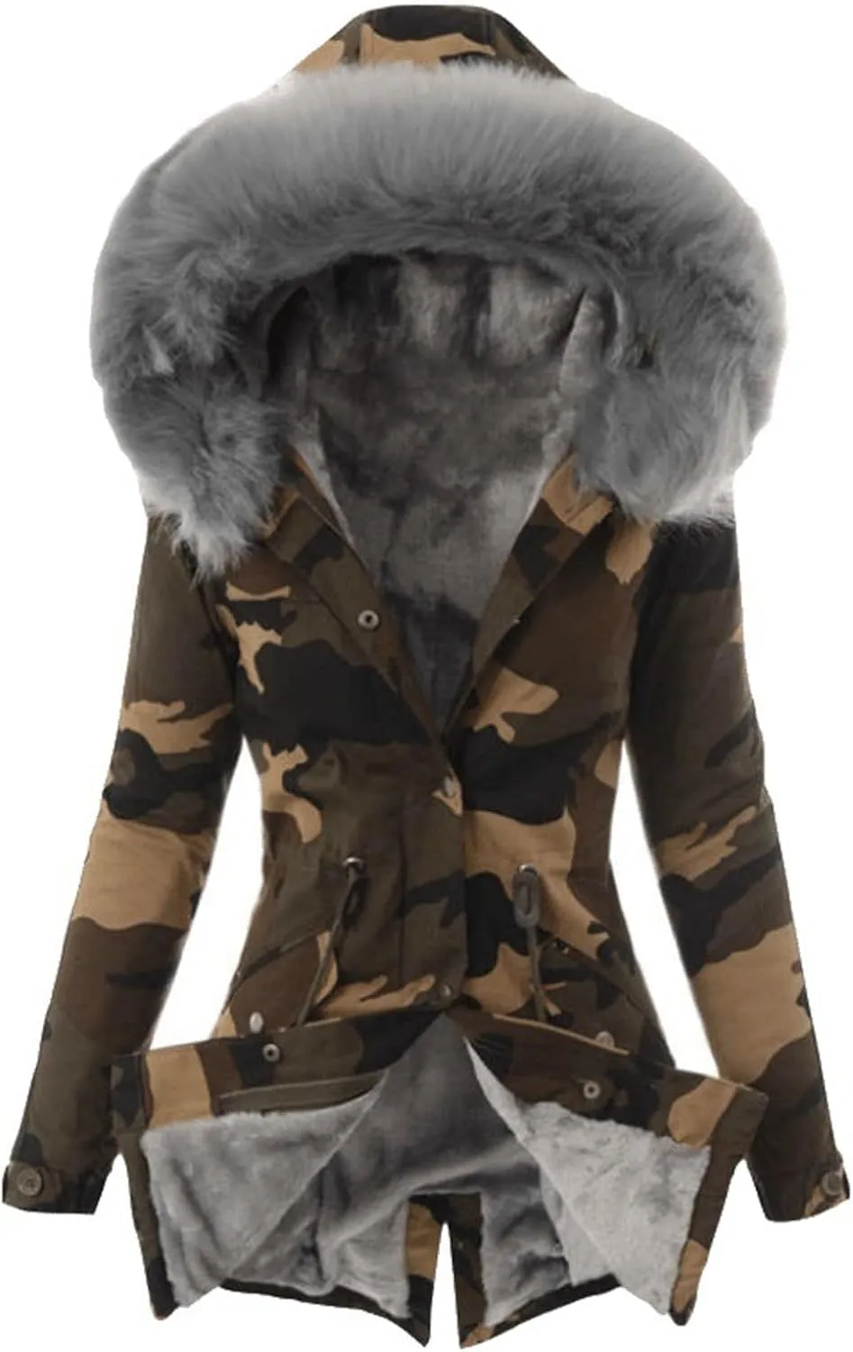 Women's Thick Fleece Lined Parka Faux Fur Collar Camouflage Solid Winter Coats Hooded Jackets Military Anorak Pockets