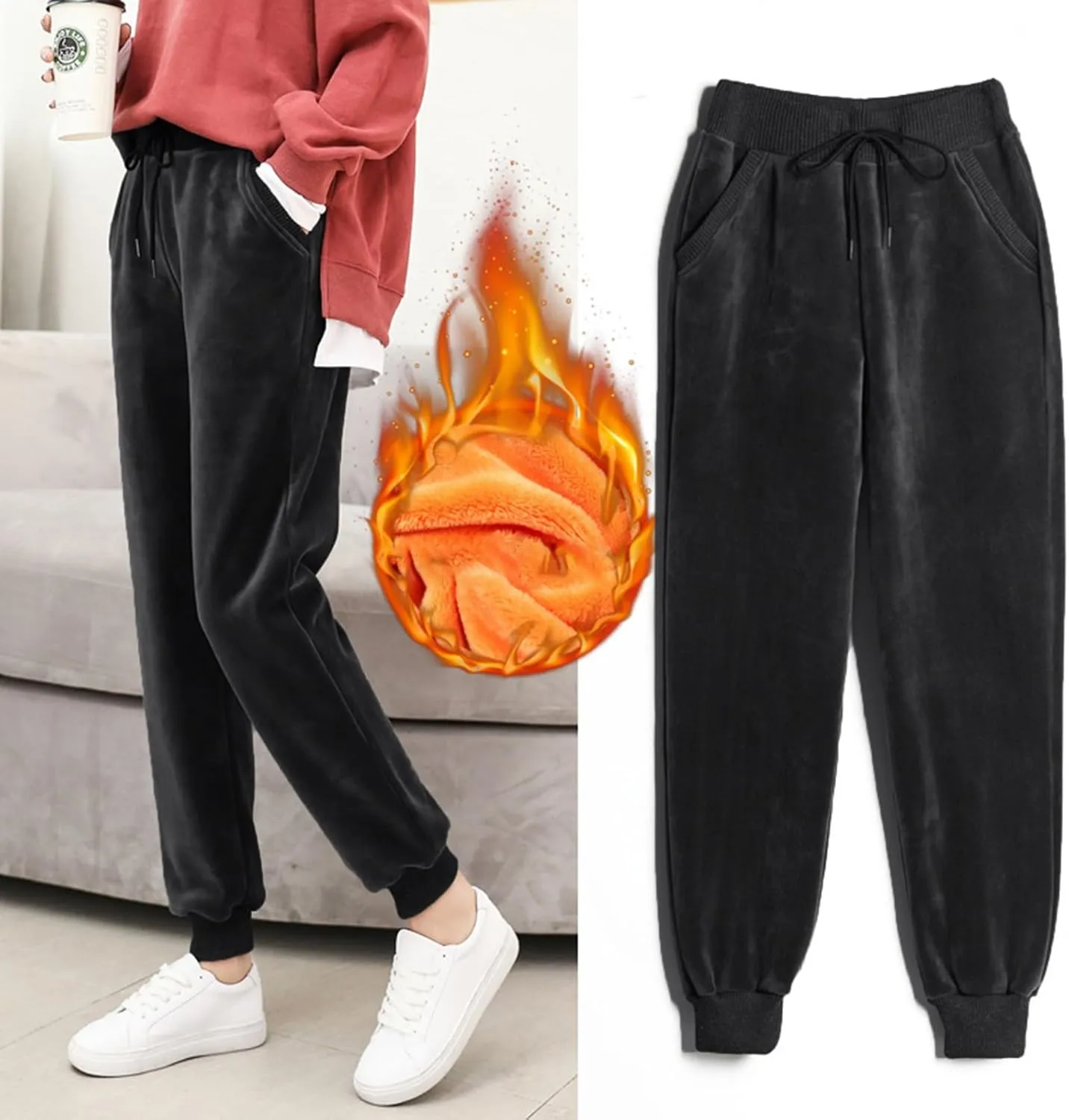 Women's Velvet Joggers Fleece Lined Soft Warm Winter Sweatpants Velour Casual Drawstring Running Pants with Pocket