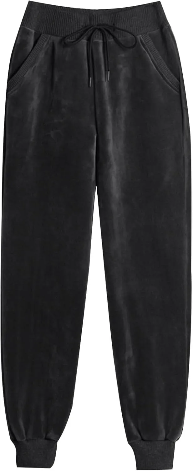 Women's Velvet Joggers Fleece Lined Soft Warm Winter Sweatpants Velour Casual Drawstring Running Pants with Pocket