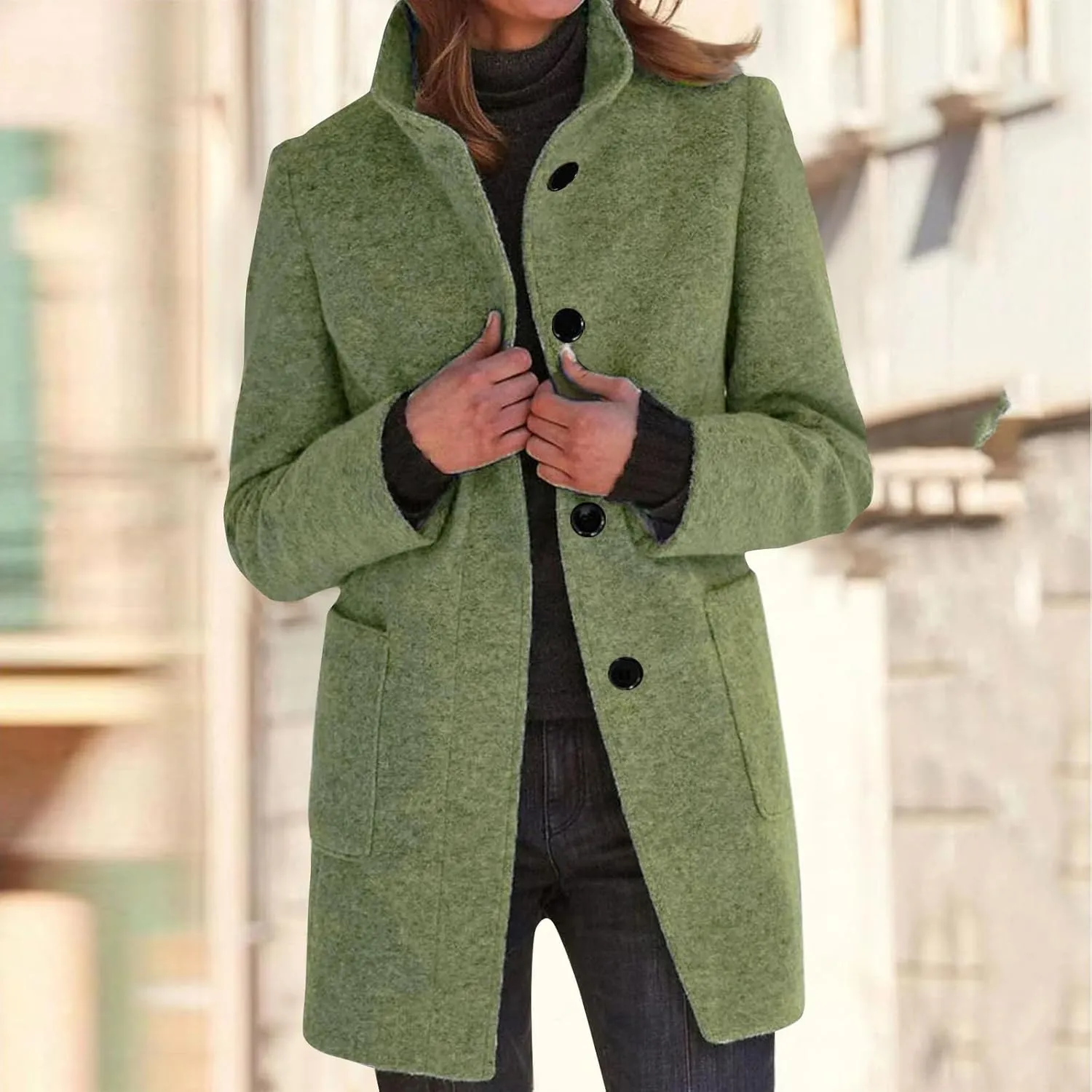 Women's Winter Single Breasted Pea Coat Casaul Fashion Mid Long Jacket Stand Collar Wool Elegant Oversized Coats