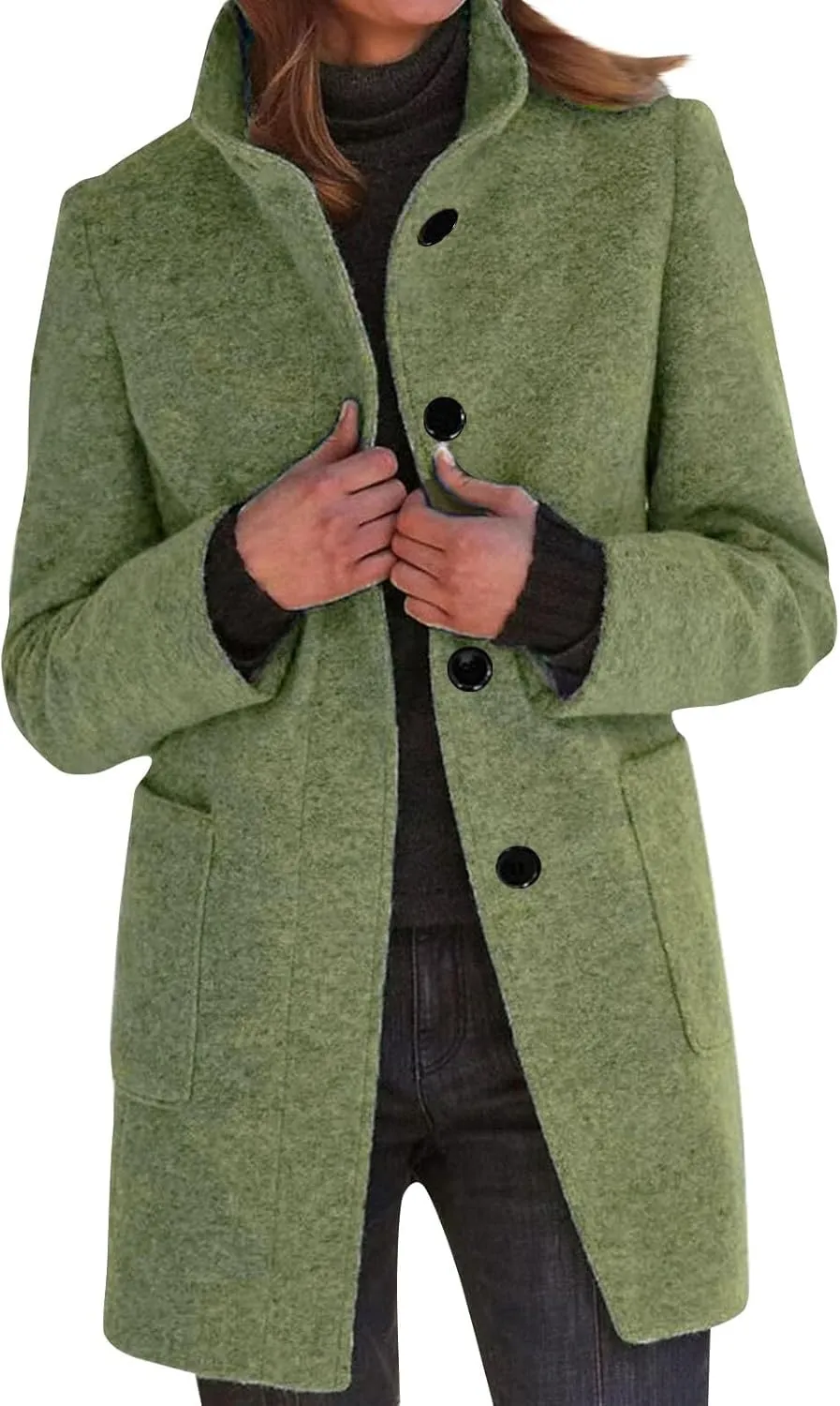 Women's Winter Single Breasted Pea Coat Casaul Fashion Mid Long Jacket Stand Collar Wool Elegant Oversized Coats