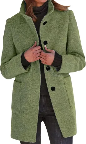 Women's Winter Single Breasted Pea Coat Casaul Fashion Mid Long Jacket Stand Collar Wool Elegant Oversized Coats