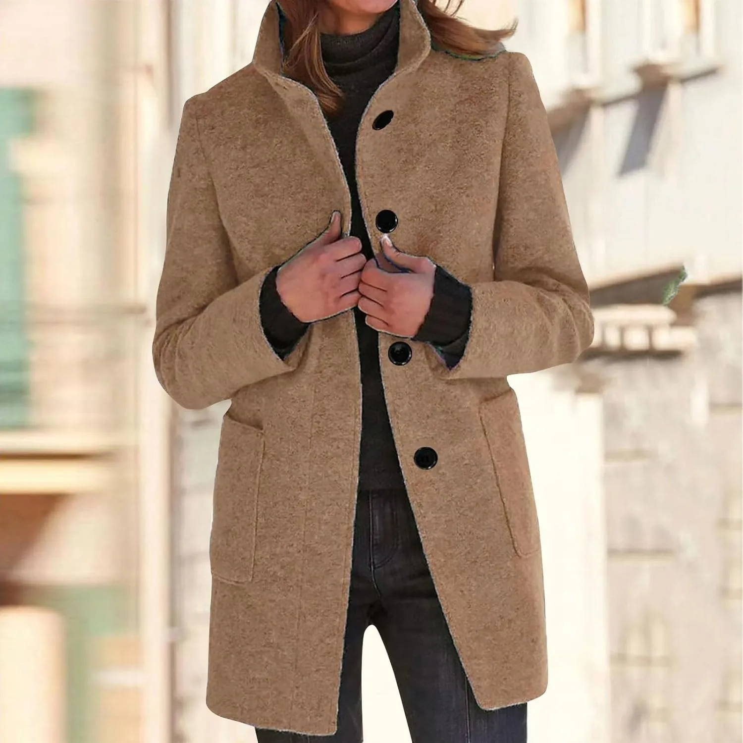 Women's Winter Single Breasted Pea Coat Casaul Fashion Mid Long Jacket Stand Collar Wool Elegant Oversized Coats