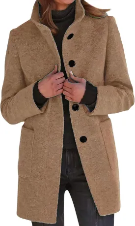 Women's Winter Single Breasted Pea Coat Casaul Fashion Mid Long Jacket Stand Collar Wool Elegant Oversized Coats